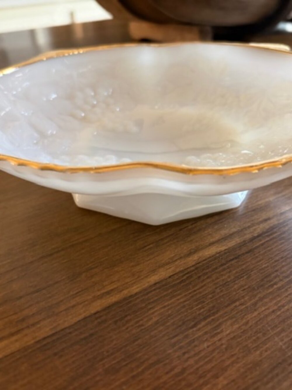 ANCHOR HOCKING FIRE KING MILK GLASS GRAPES PEDESTAL SQUARE BOWL Gold Trim 8 1/2"